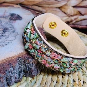 Splendid Stone Chips & Tiny Rhinestones adorn this Soft Vegan Leather Bracelet